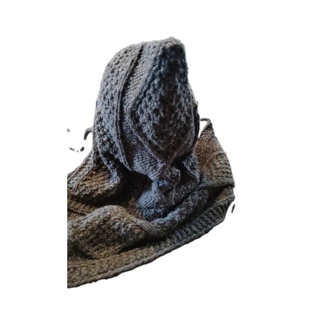 Hooded Scarf 100% Alpaca Pockets In Scarf Lined Cable Knit Beautiful Gray